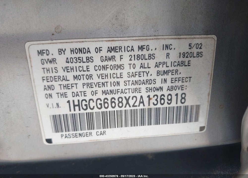2002 HONDA ACCORD 2.3 EX/2.3 SE VIN: 1HGCG668X2A136918