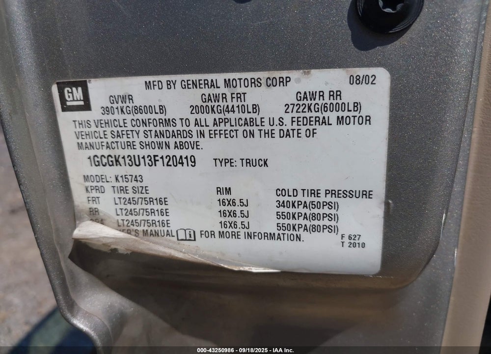 2003 CHEVROLET SILVERADO 1500HD VIN: 1GCGK13U13F120419