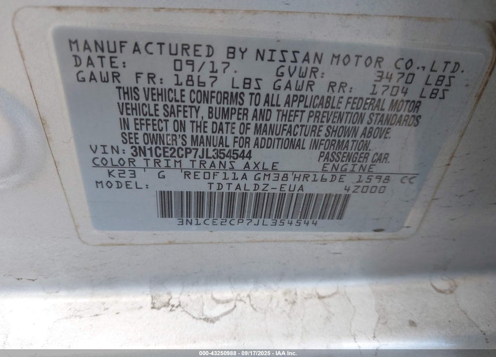 2018 NISSAN VERSA NOTE VIN: 3N1CE2CP7JL354544