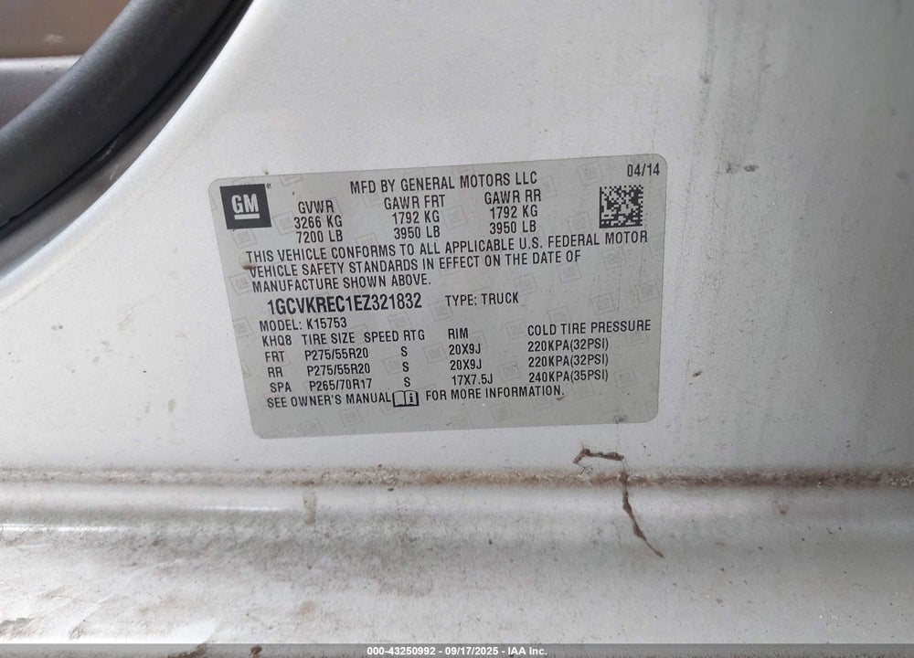 2014 CHEVROLET SILVERADO 1500 VIN: 1GCVKREC1EZ321832