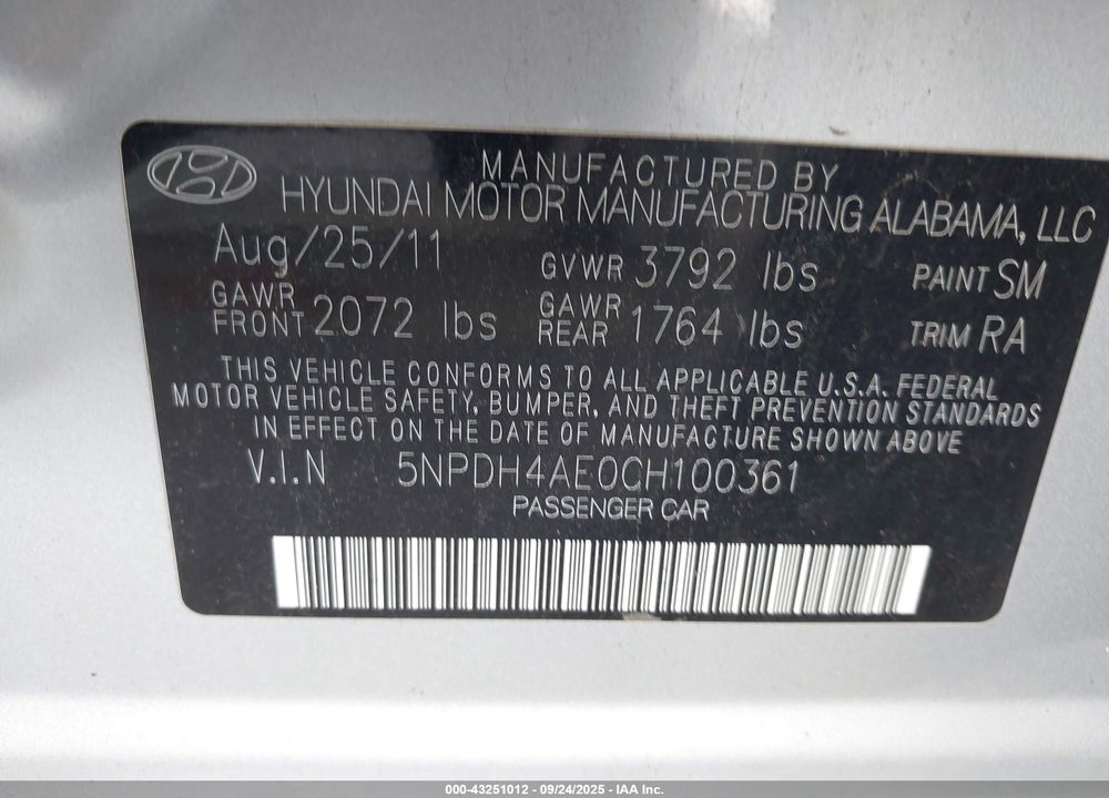 2012 HYUNDAI ELANTRA LIMITED VIN: 5NPDH4AE0CH100361