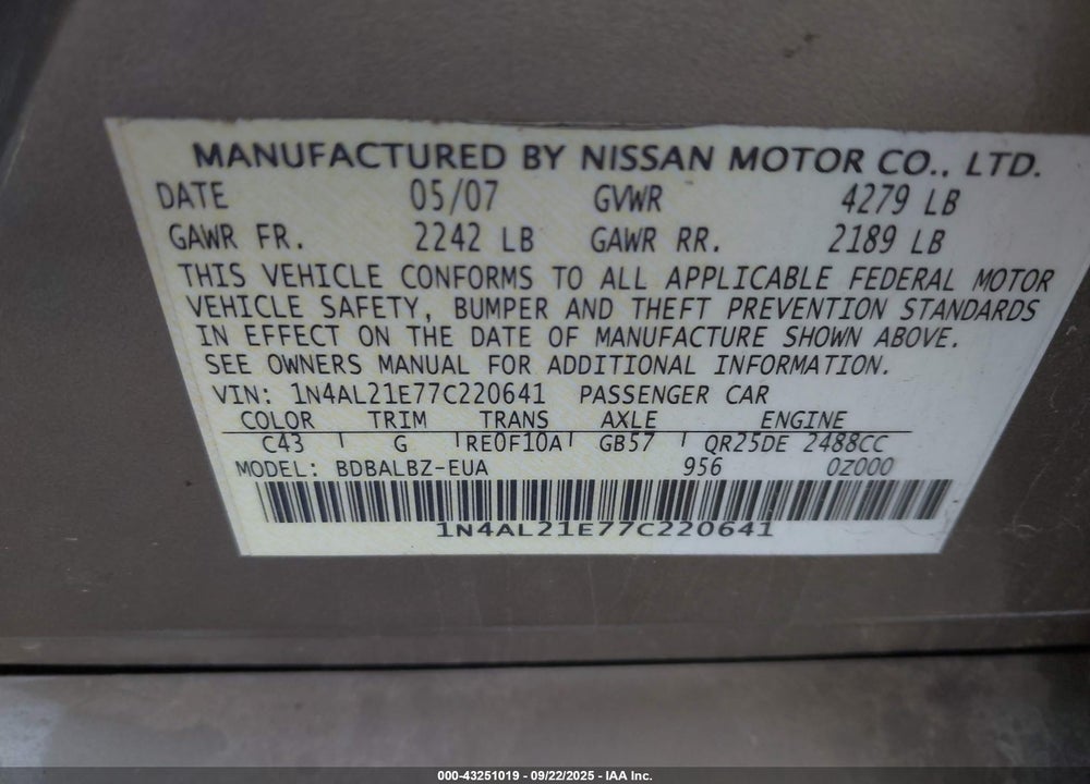 2007 NISSAN ALTIMA 2.5 S VIN: 1N4AL21E77C220641