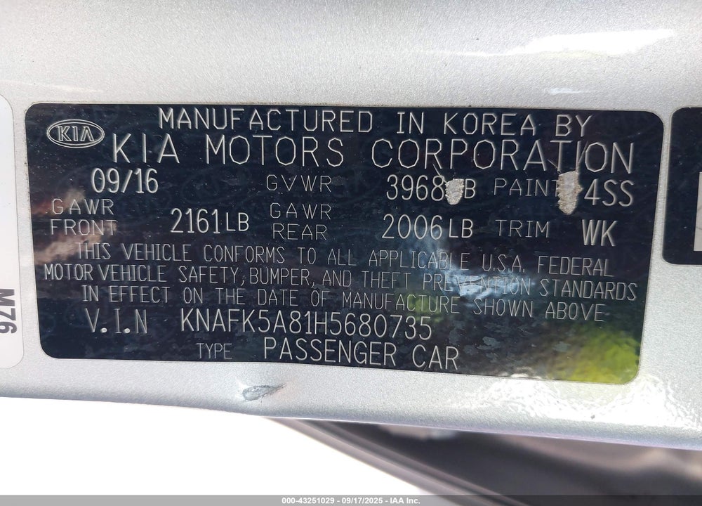 2017 KIA FORTE LX VIN: KNAFK5A81H5680735