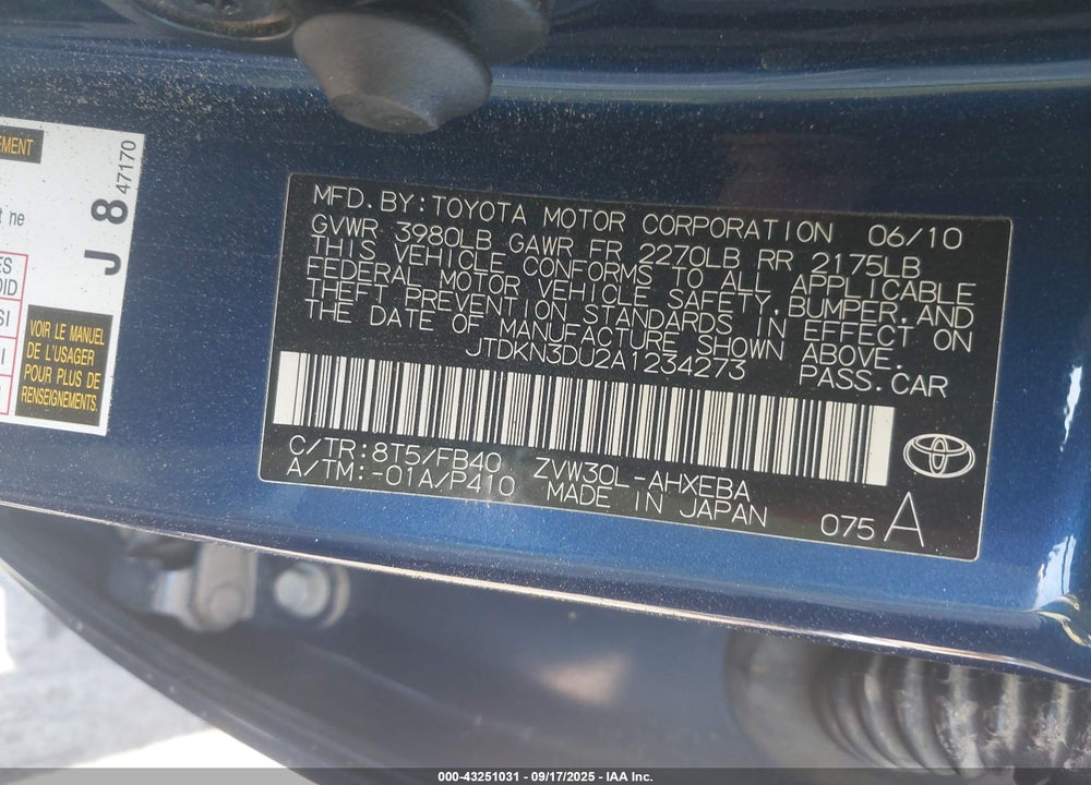 2010 TOYOTA PRIUS VIN: JTDKN3DU2A1234273