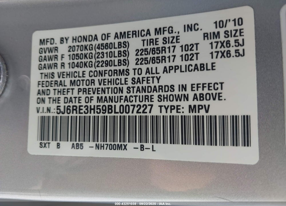 2011 HONDA CR-V VIN: 5J6RE3H59BL007227