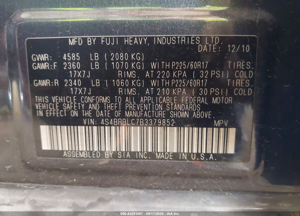 2011 SUBARU OUTBACK VIN: 4S4BRBLC7B3379852