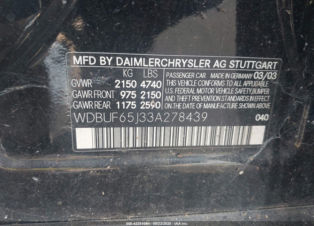 2003 MERCEDES-BENZ E 320 VIN: WDBUF65J33A278439