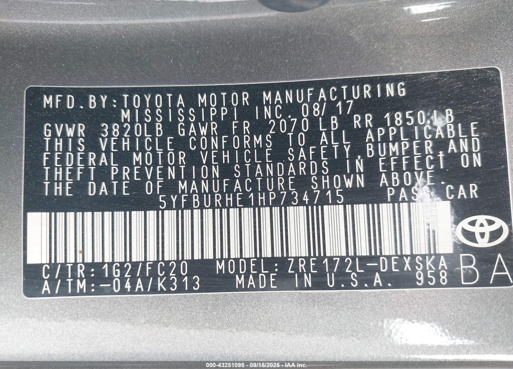2017 TOYOTA COROLLA VIN: 5YFBURHE1HP734715
