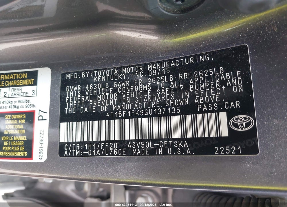 2016 TOYOTA CAMRY VIN: 4T1BF1FK9GU137135