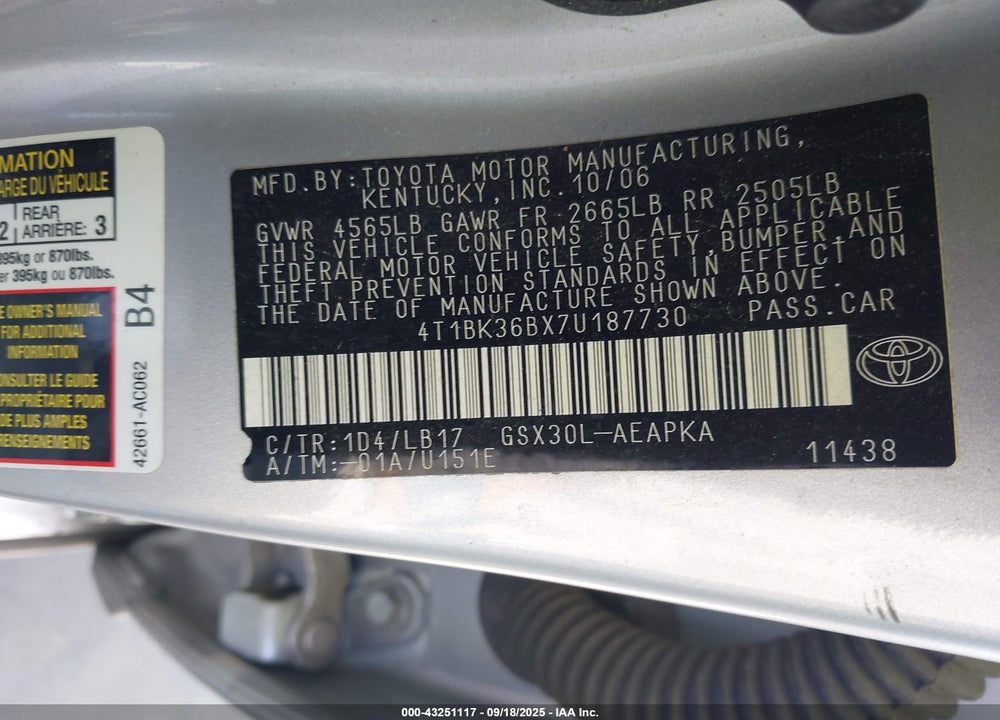 2007 TOYOTA AVALON VIN: 4T1BK36BX7U187730