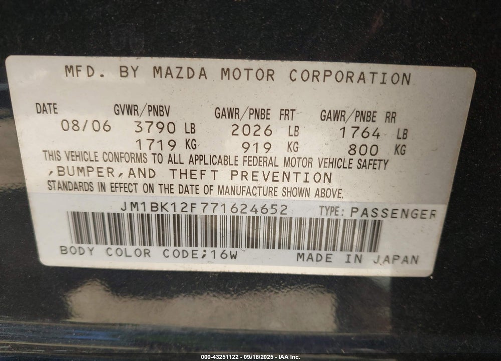 2007 MAZDA 3 I SPORT VIN: JM1BK12F771624652
