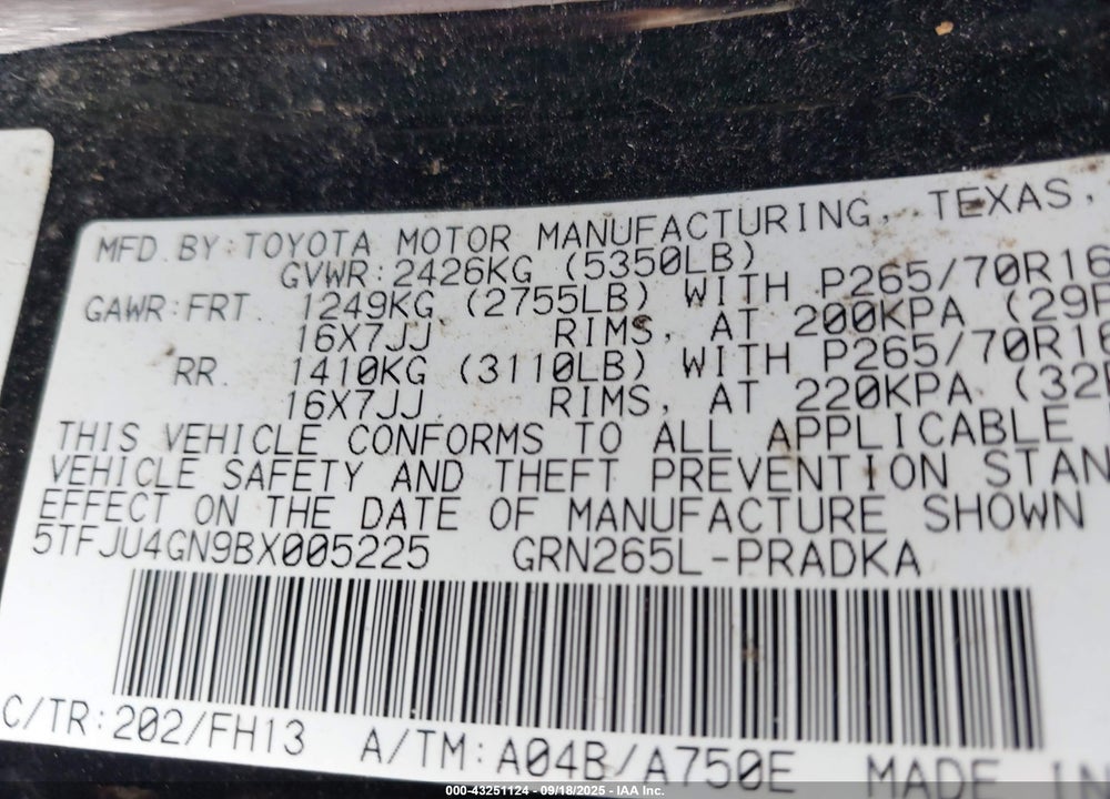 2011 TOYOTA TACOMA VIN: 5TFJU4GN9BX005225