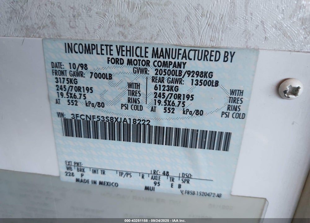 1999 FORD F550 SUPER DUTY STRIPPED CHASS VIN: 3FCNF53S8XJA18222