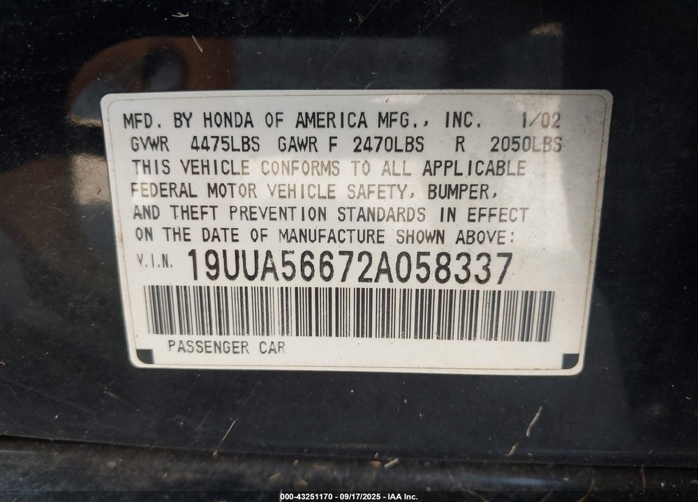 2002 ACURA TL 3.2 VIN: 19UUA56672A058337