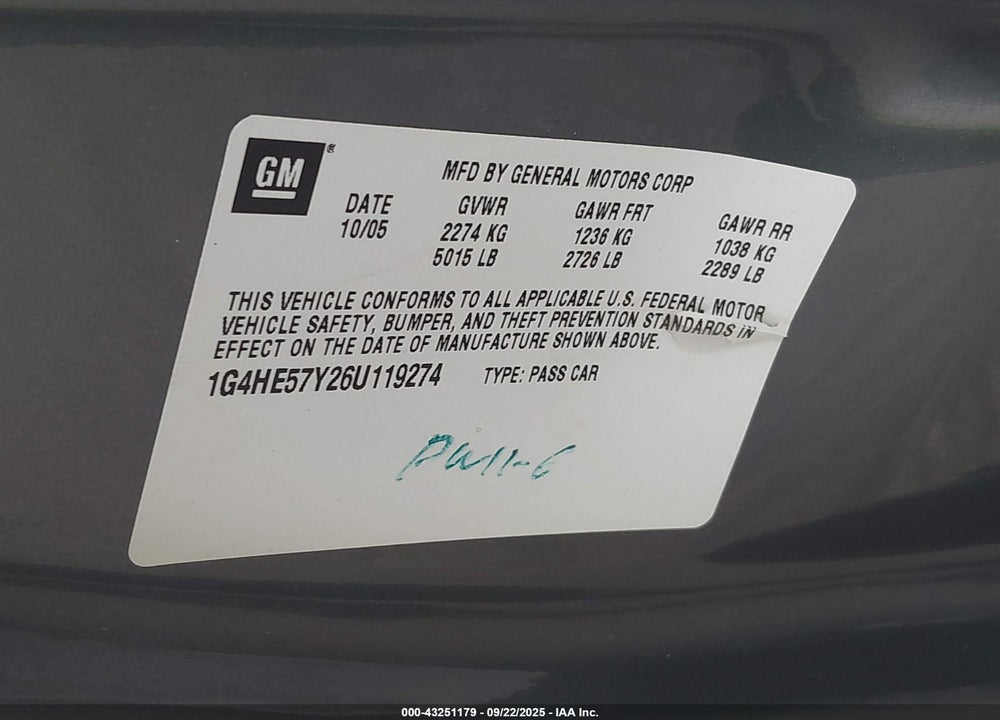 2006 BUICK LUCERNE CXS VIN: 1G4HE57Y26U119274