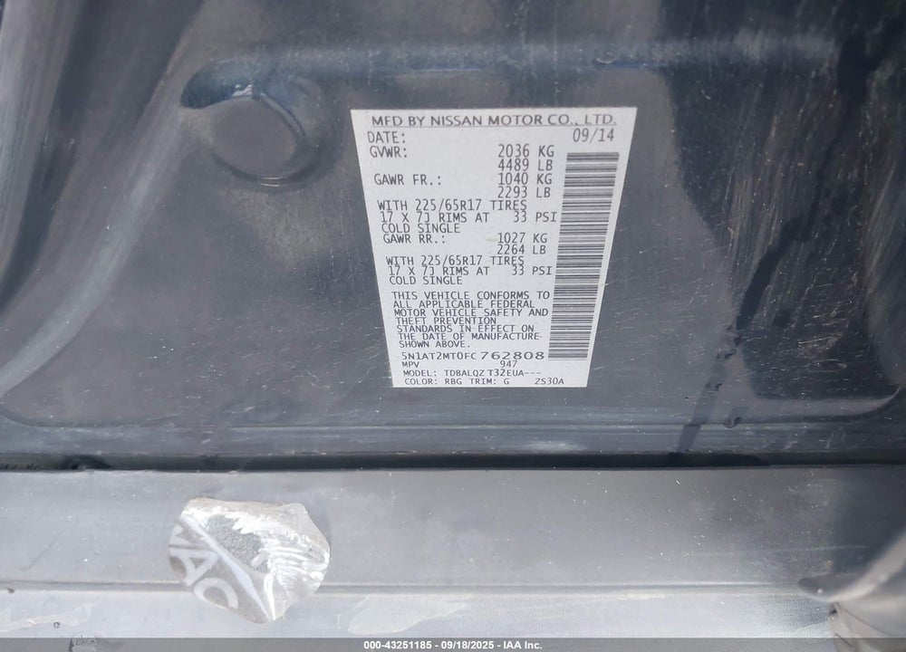 2015 NISSAN ROGUE VIN: 5N1AT2MT0FC762808
