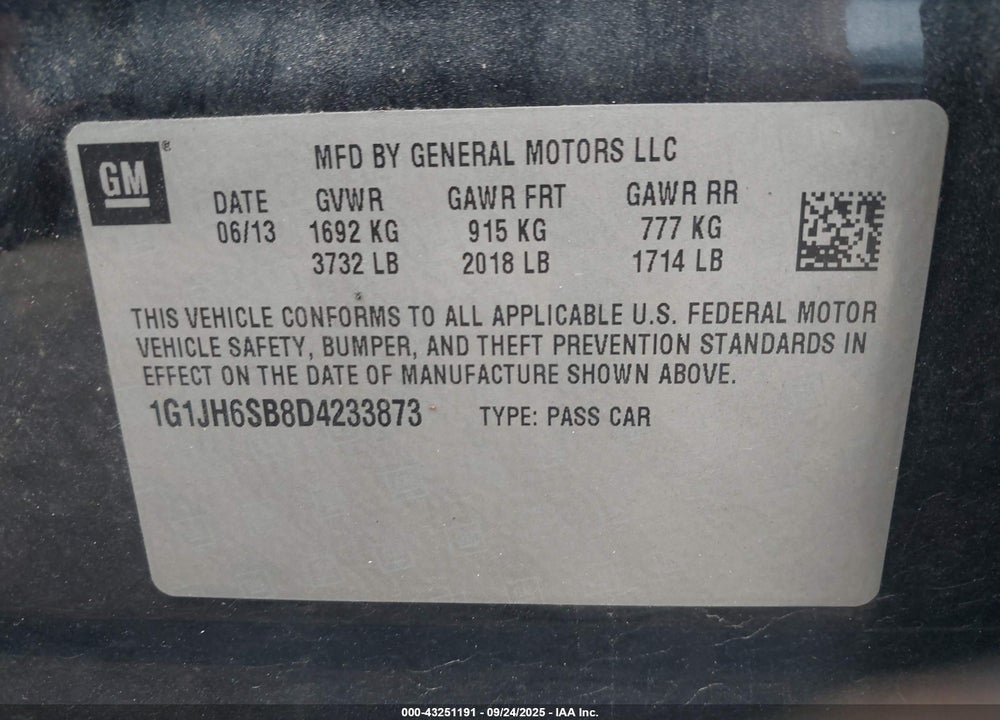 2013 CHEVROLET SONIC VIN: 1G1JH6SB8D4233873