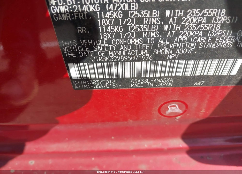 2009 TOYOTA RAV4 SPORT V6 VIN: JTMBK32V895071976