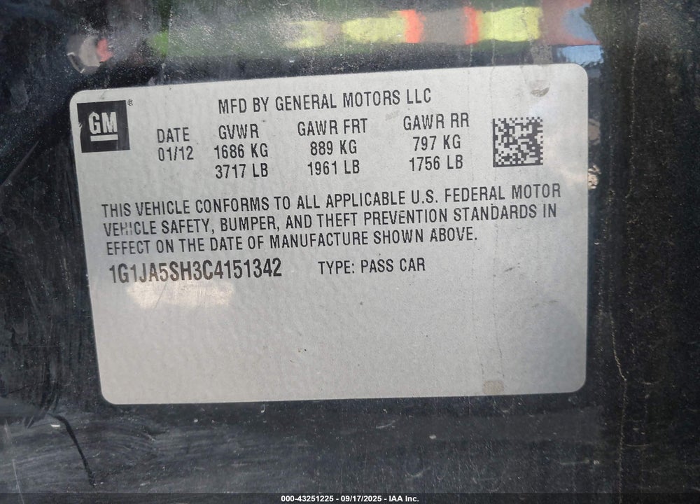 2012 CHEVROLET SONIC VIN: 1G1JA5SH3C4151342