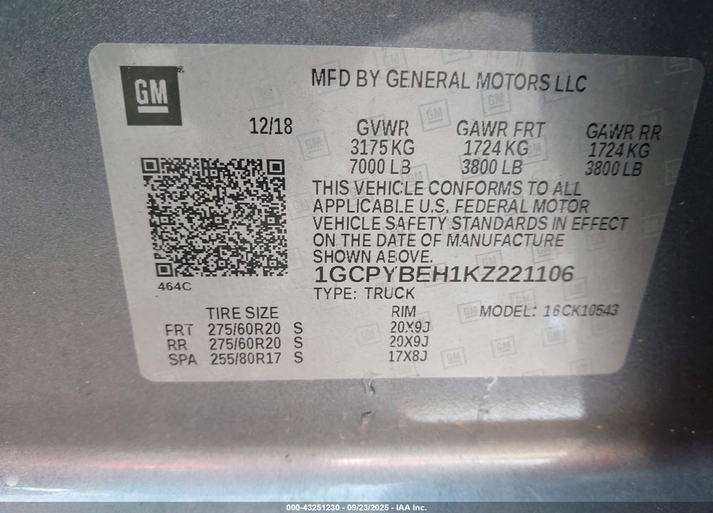 2019 CHEVROLET SILVERADO 1500 VIN: 1GCPYBEH1KZ221106
