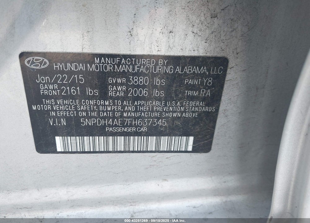 2015 HYUNDAI ELANTRA VIN: 5NPDH4AE7FH637345