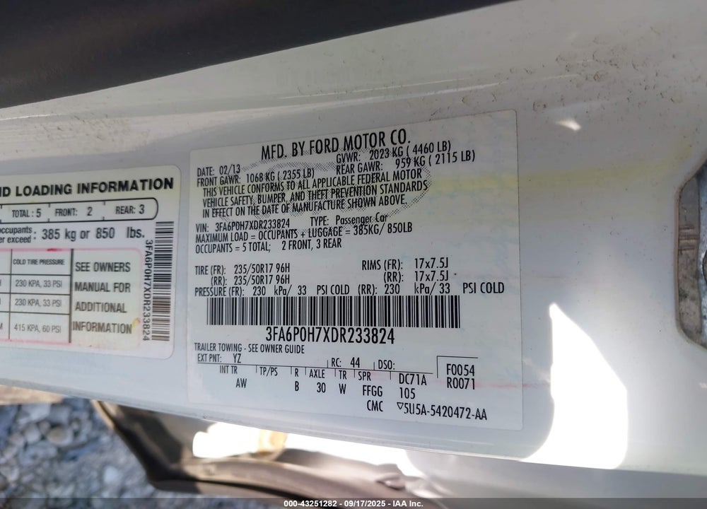 2013 FORD FUSION VIN: 3FA6P0H7XDR233824