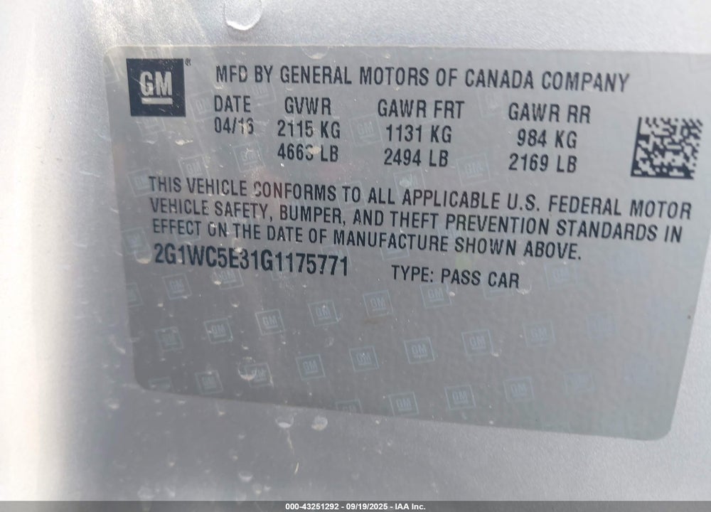 2016 CHEVROLET IMPALA LIMITED VIN: 2G1WC5E31G1175771