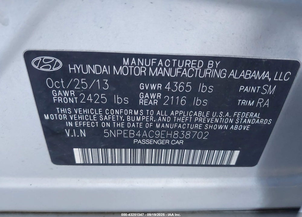 2014 HYUNDAI SONATA VIN: 5NPEB4AC9EH838702