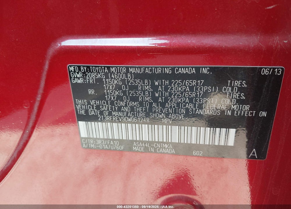 2013 TOYOTA RAV4 VIN: 2T3RFREV9DW061248