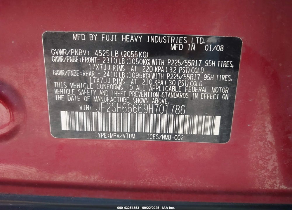 2009 SUBARU FORESTER 2.5XT LIMITED VIN: JF2SH66669H701786