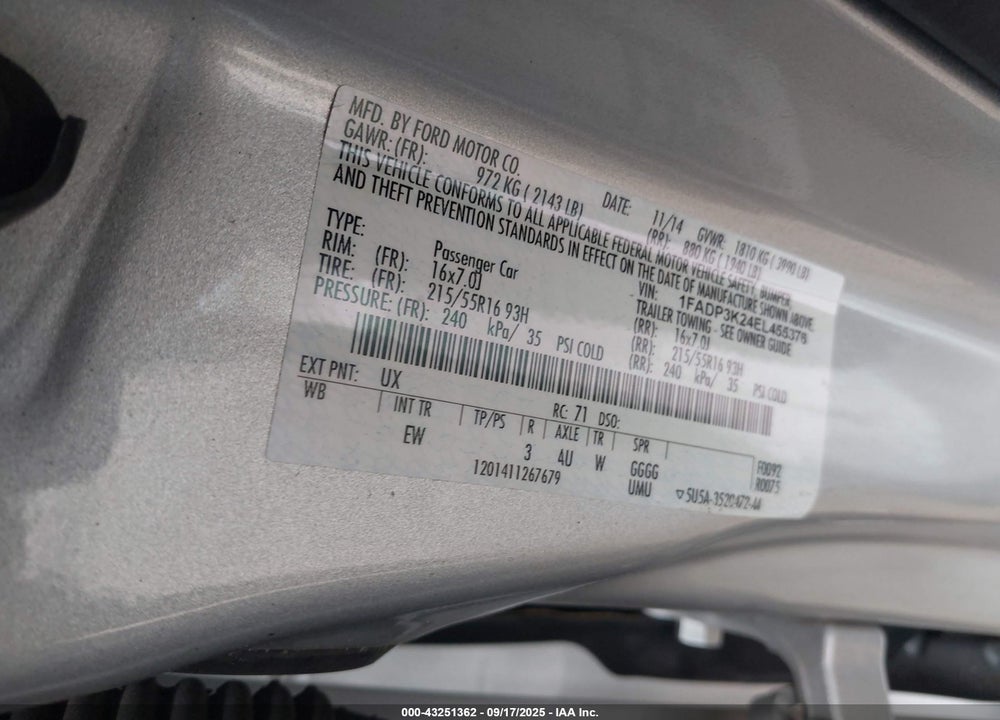 2014 FORD FOCUS SE VIN: 1FADP3K24EL455376