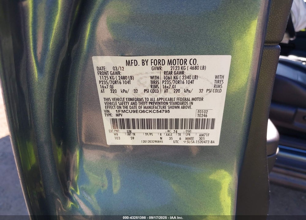 2012 FORD ESCAPE VIN: 1FMCU9EG6CKC54795