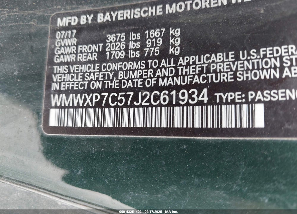 2018 MINI HARDTOP VIN: WMWXP7C57J2C61934