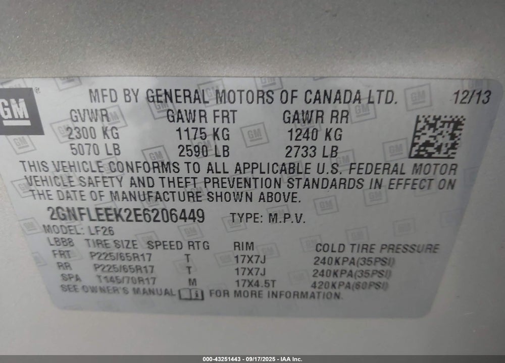2014 CHEVROLET EQUINOX VIN: 2GNFLEEK2E6206449