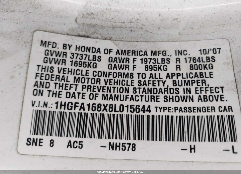 2008 HONDA CIVIC VIN: 1HGFA168X8L015644
