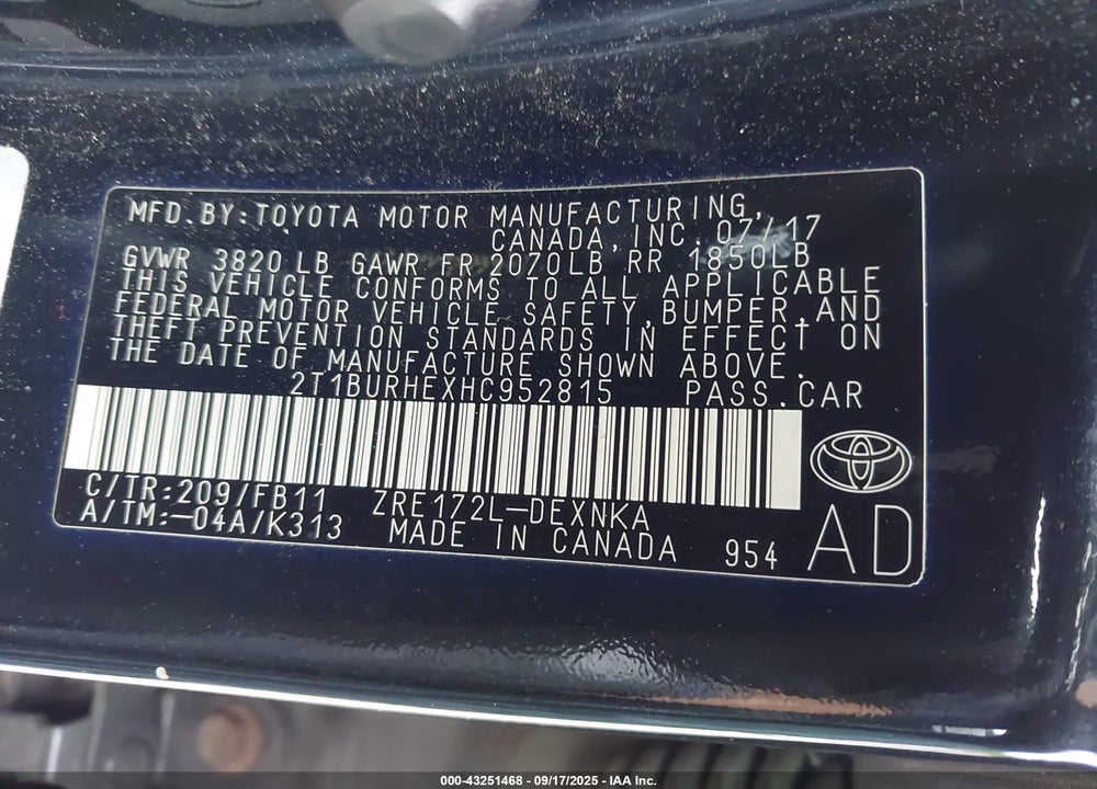 2017 TOYOTA COROLLA VIN: 2T1BURHEXHC952815