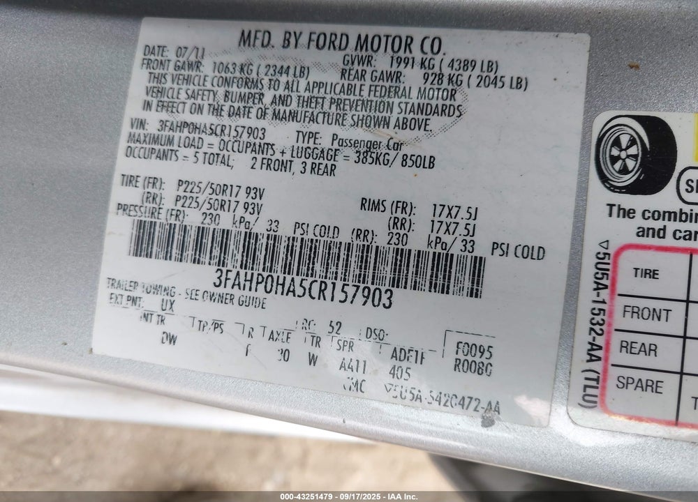 2012 FORD FUSION VIN: 3FAHP0HA5CR157903