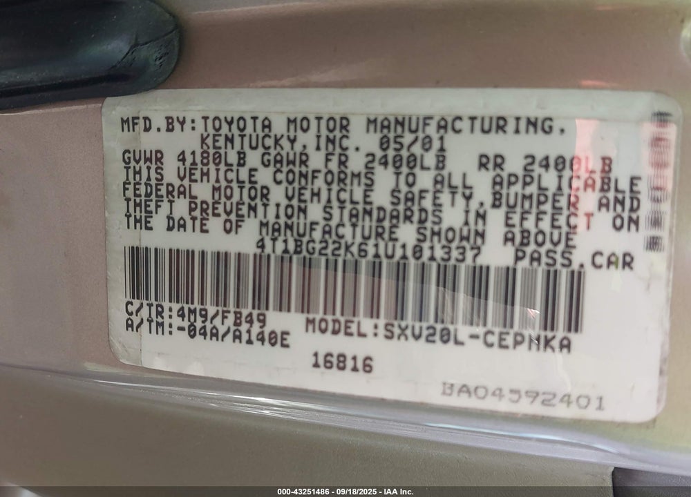 2001 TOYOTA CAMRY LE VIN: 4T1BG22K61U101337