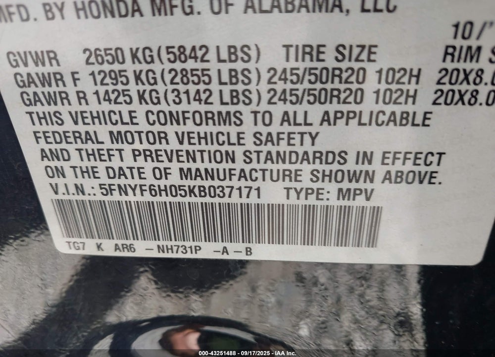 2019 HONDA PILOT VIN: 5FNYF6H05KB037171