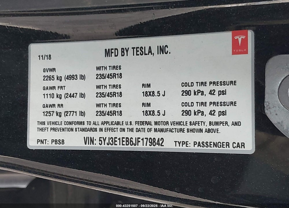 2018 TESLA MODEL 3 VIN: 5YJ3E1EB6JF179842
