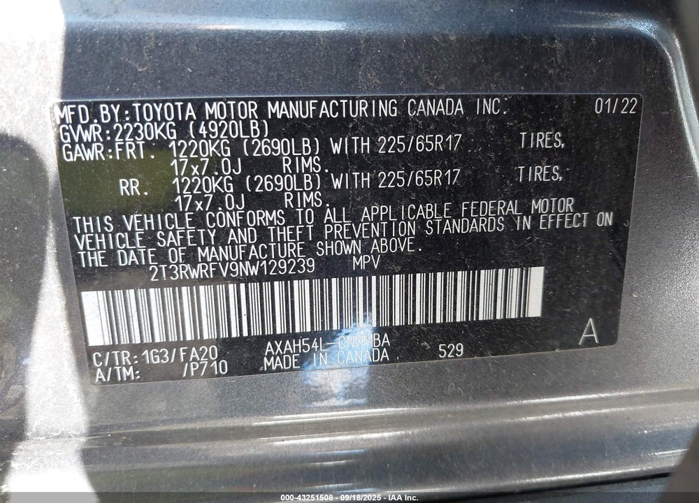 2022 TOYOTA RAV4 HYBRID VIN: 2T3RWRFV9NW129239
