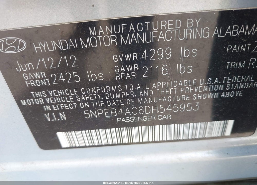2013 HYUNDAI SONATA GLS VIN: 5NPEB4AC6DH545953
