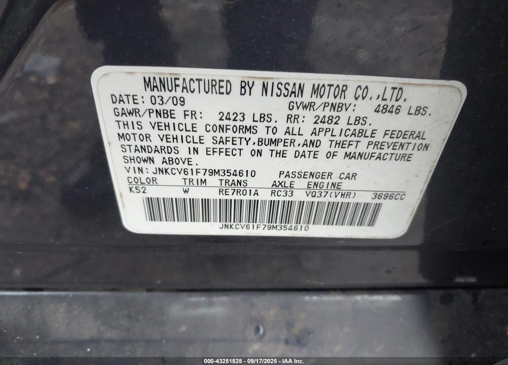 2009 INFINITI G37 VIN: JNKCV61F79M354610