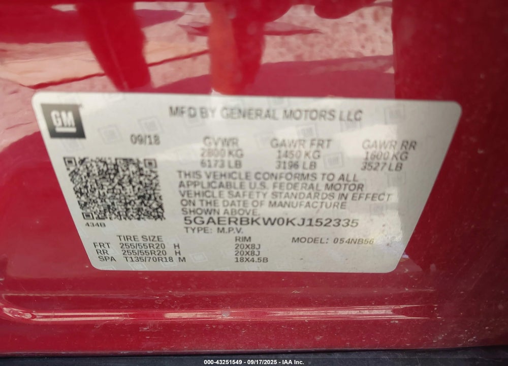 2019 BUICK ENCLAVE FWD ESSENCE VIN: 5GAERBKW0KJ152335
