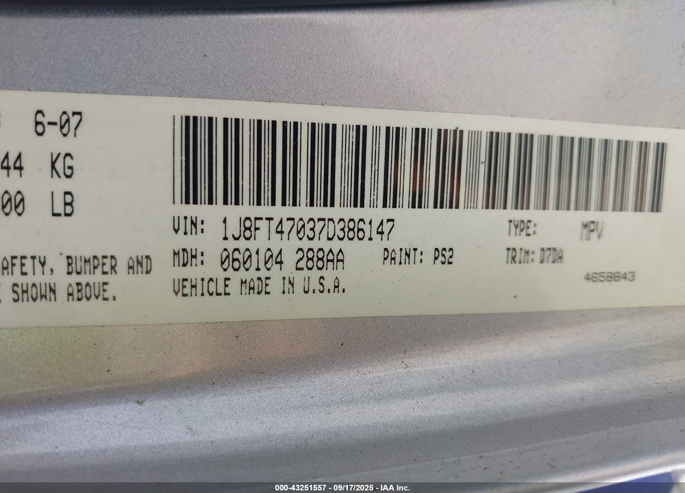 2007 JEEP COMPASS SPORT VIN: 1J8FT47037D386147