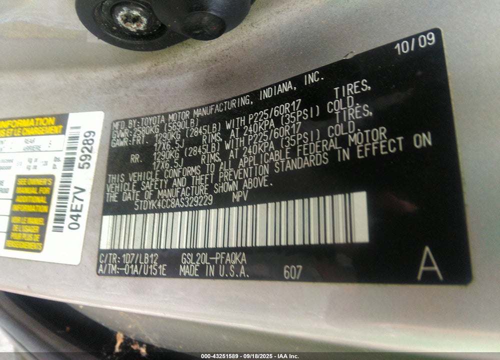 2010 TOYOTA SIENNA XLE VIN: 5TDYK4CC8AS329229