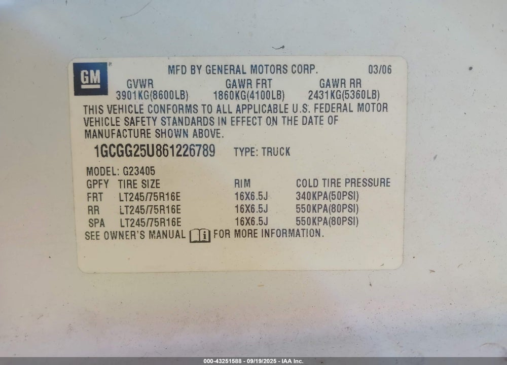 2006 CHEVROLET EXPRESS WORK VAN VIN: 1GCGG25U961219298