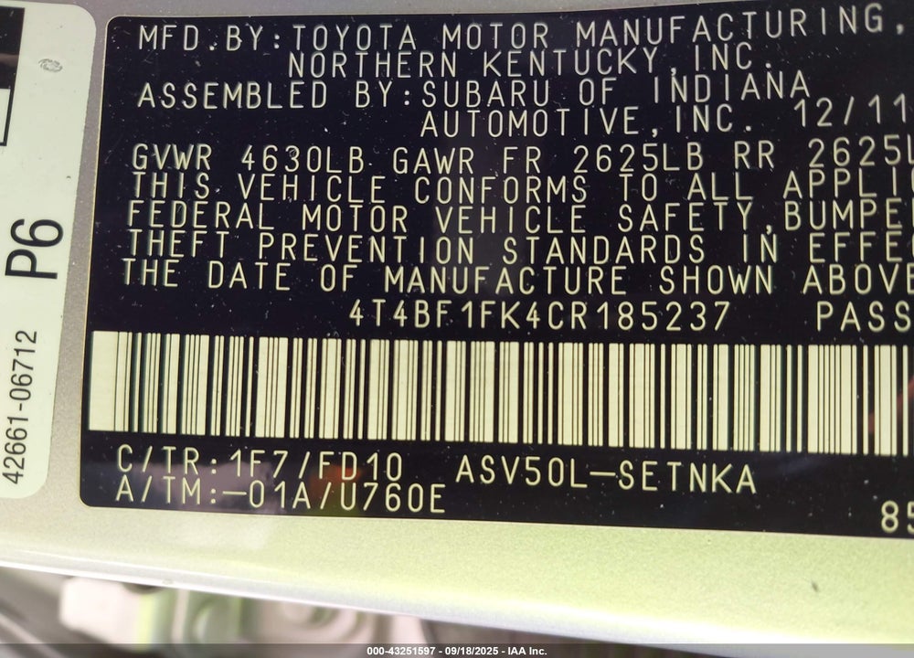 2012 TOYOTA CAMRY VIN: 4T4BF1FK4CR185237