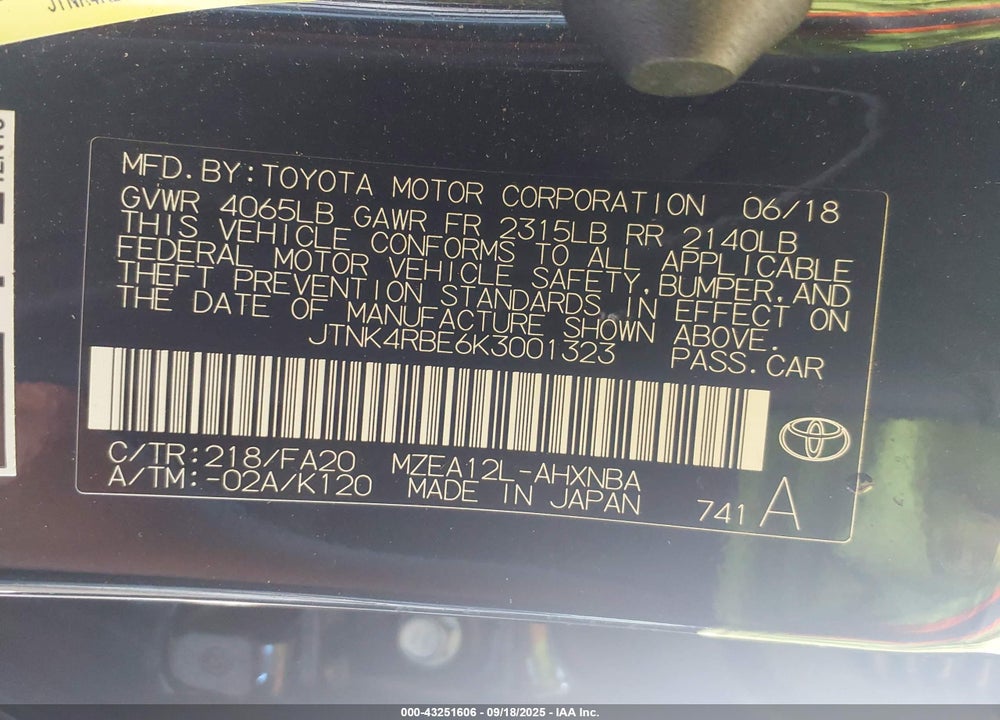 2019 TOYOTA COROLLA VIN: JTNK4RBE6K3001323