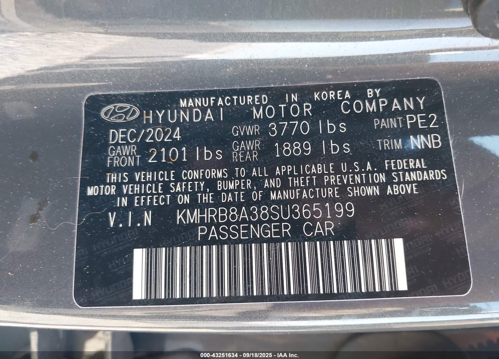 2025 HYUNDAI VENUE SE VIN: KMHRB8A38SU365199